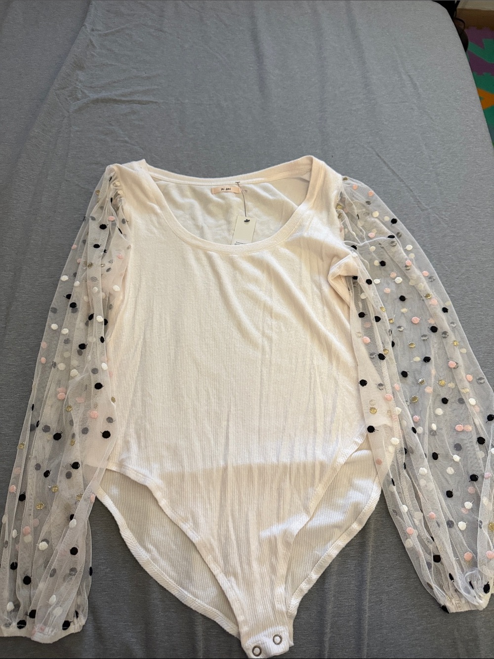 Francesca's Cream Ribbed Bodysuit with Polka Dot Sheer Puff Sleeves
